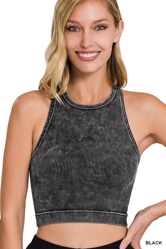 Seamless Washed Ribbed High Neck Tank Top