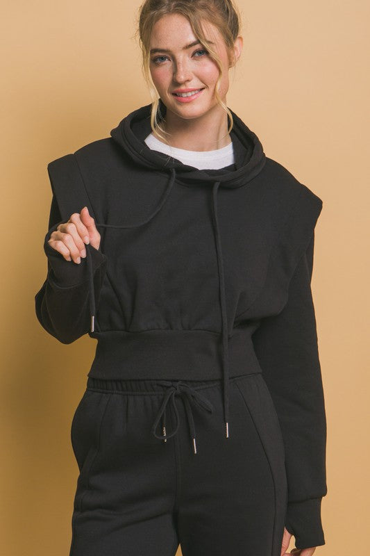 Ribbed Shoulder Cropped Hoodie