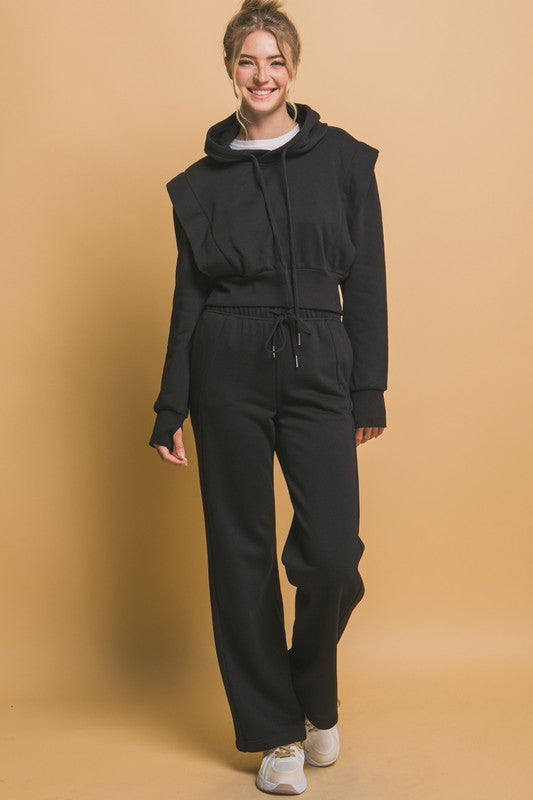 Ribbed Shoulder Cropped Hoodie