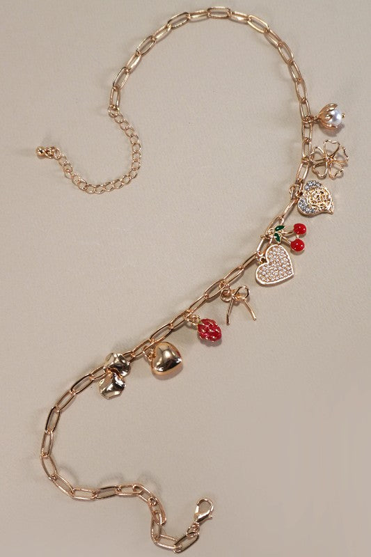 Bow, Heart, Cherry Charm Necklace
