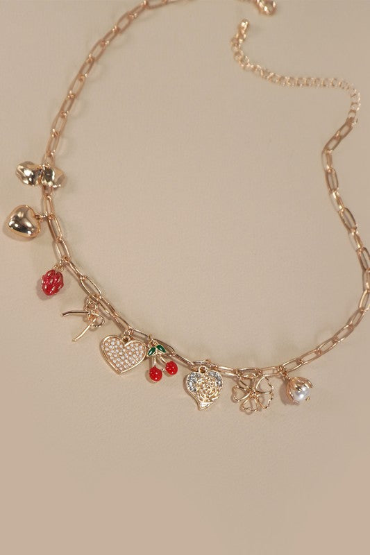 Bow, Heart, Cherry Charm Necklace