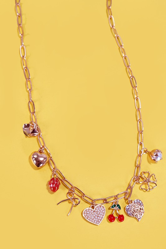 Bow, Heart, Cherry Charm Necklace