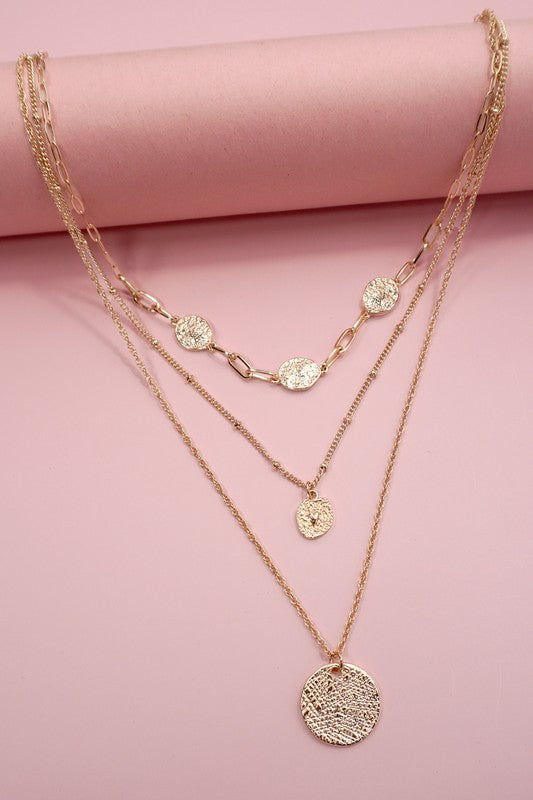 Texture Circle Pendant Layered Necklace