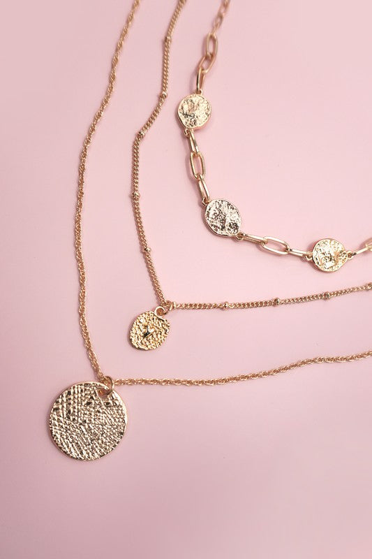 Texture Circle Pendant Layered Necklace