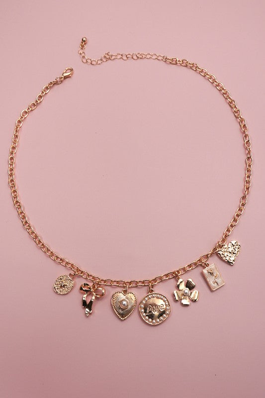 Bow, Love, Flowers Charm Necklace