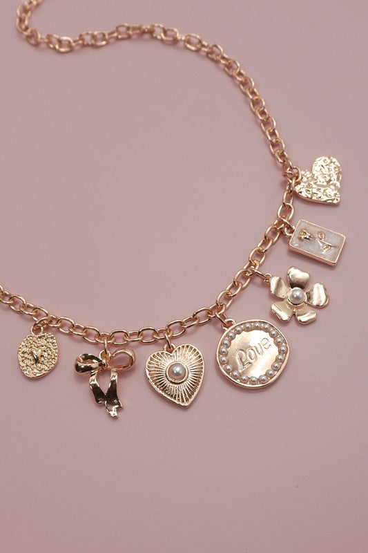 Bow, Love, Flowers Charm Necklace