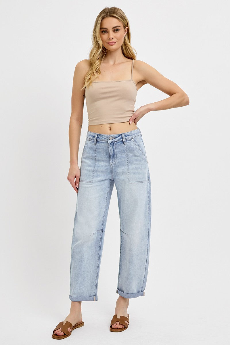 Darby Mid Rise Barrel Relaxed Patch Pocket Jean