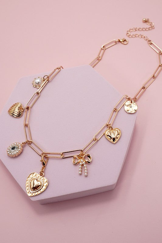 Bow, Heart, Pearl Paperclip Charm Necklace