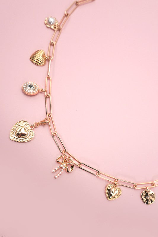 Bow, Heart, Pearl Paperclip Charm Necklace