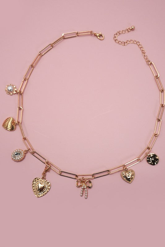 Bow, Heart, Pearl Paperclip Charm Necklace