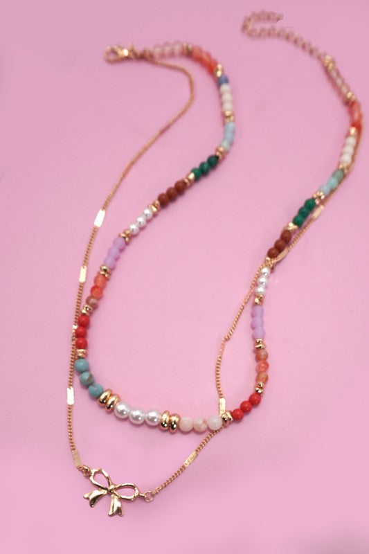 Multi Beaded Layered Bow Necklace