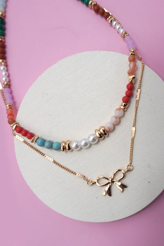 Multi Beaded Layered Bow Necklace