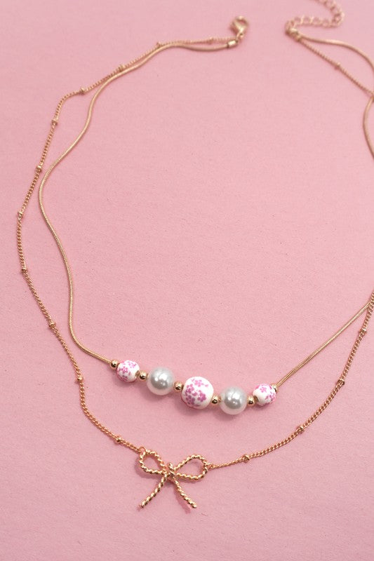 Pink Ceramic Porcelain Layered Bow Necklace