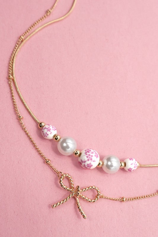 Pink Ceramic Porcelain Layered Bow Necklace