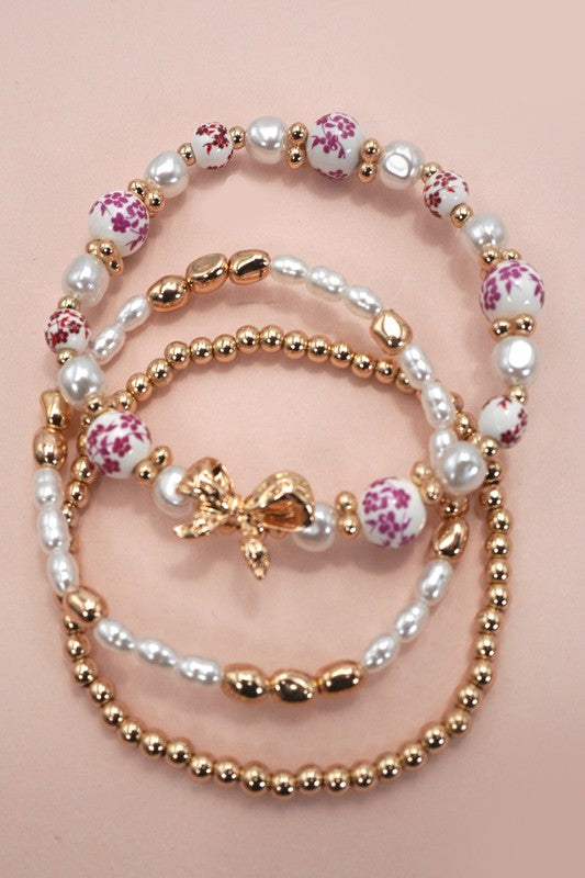 Pink Ceramic Porcelain Bow Layered Bracelet
