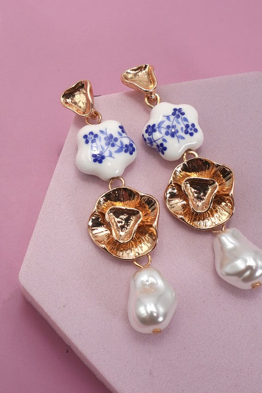 Blue Ceramic Porcelain Gold Pearl Earrings