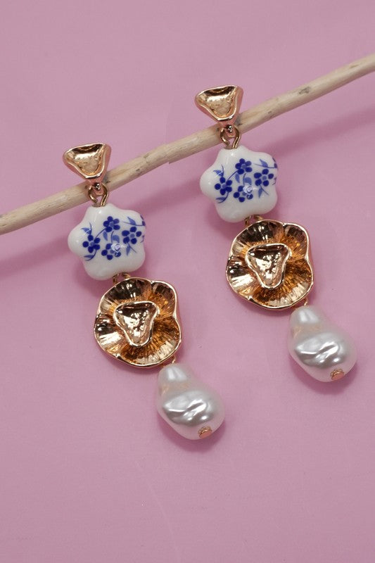 Blue Ceramic Porcelain Gold Pearl Earrings