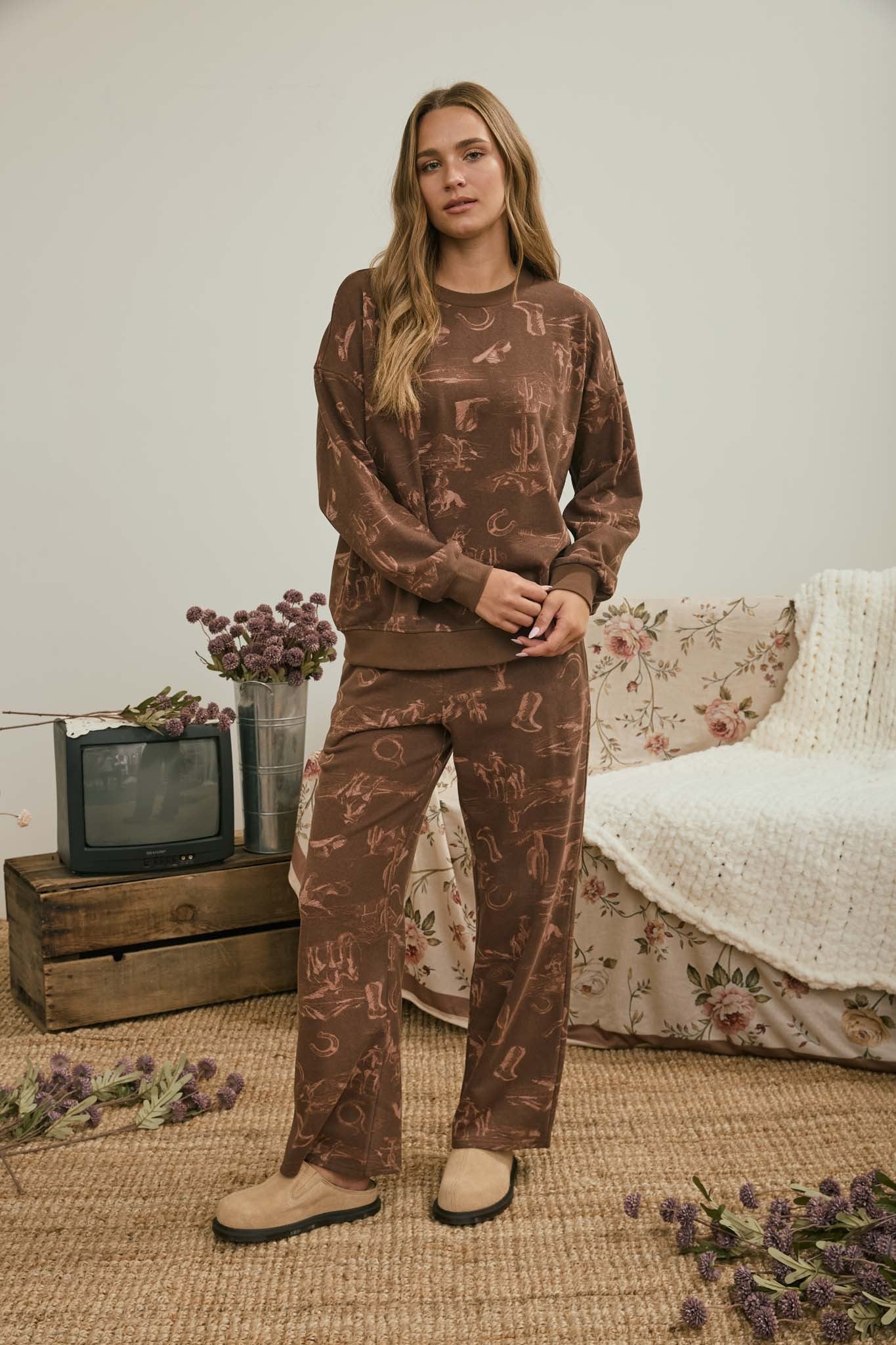 Western Print Crew Neck Sweatshirt