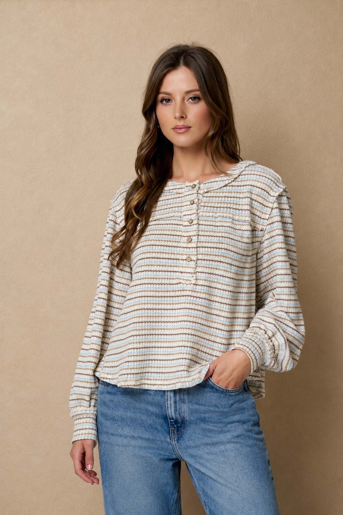 Multicolor Stripe Long Sleeve Henley Top
