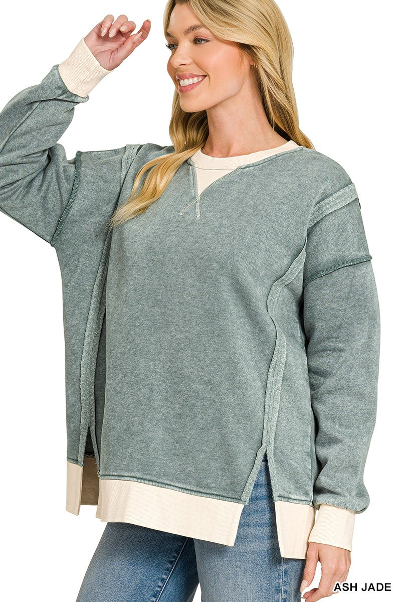 Fleece Acid Wash Contrast Trim Sweatshirt