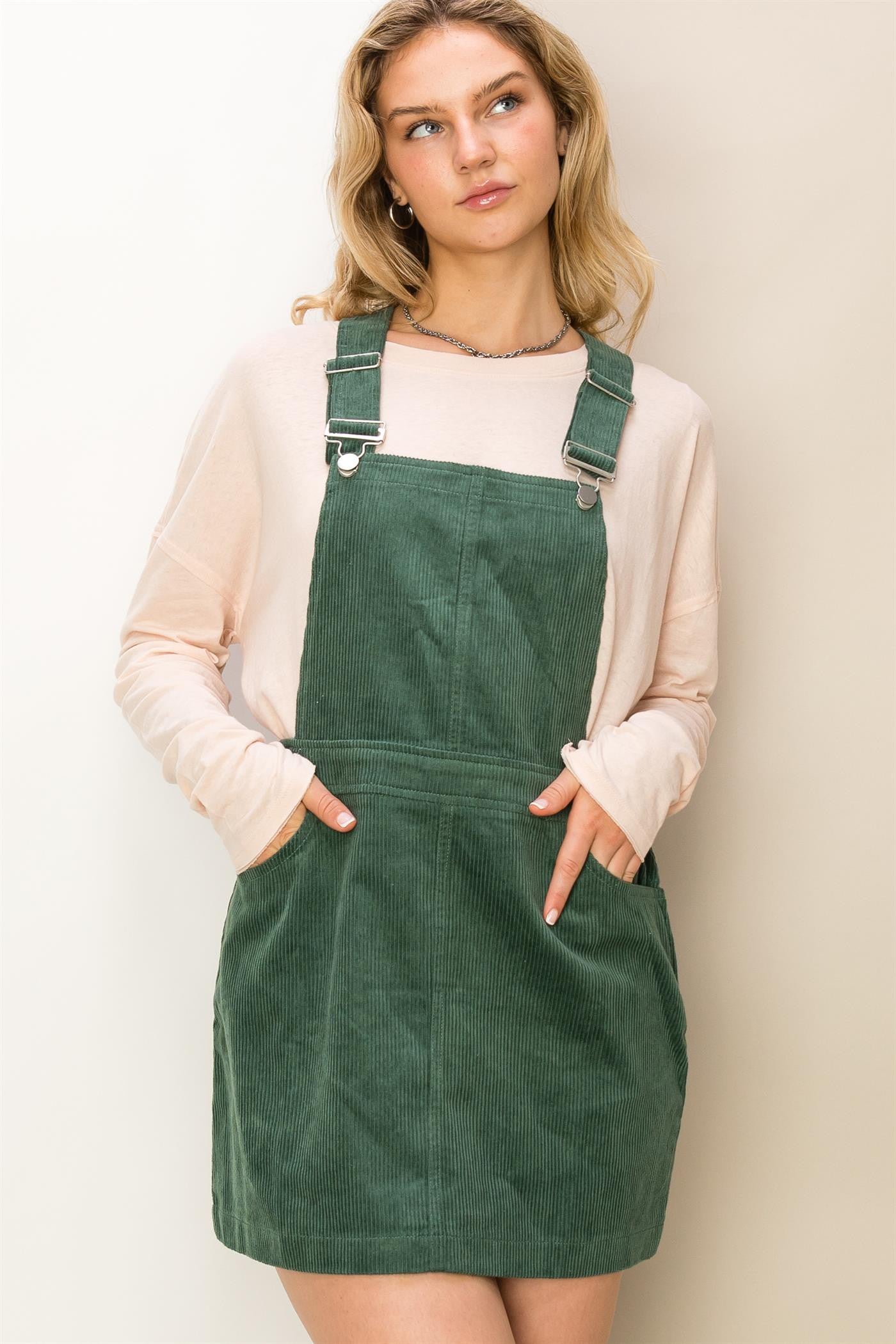 green corduroy jumper dress Flygo Women's Corduroy Jumper Overall Pinafore Midi Dress Skirt with Pockets(ArmyGreen-XS) at Amazon Women's Clothing store