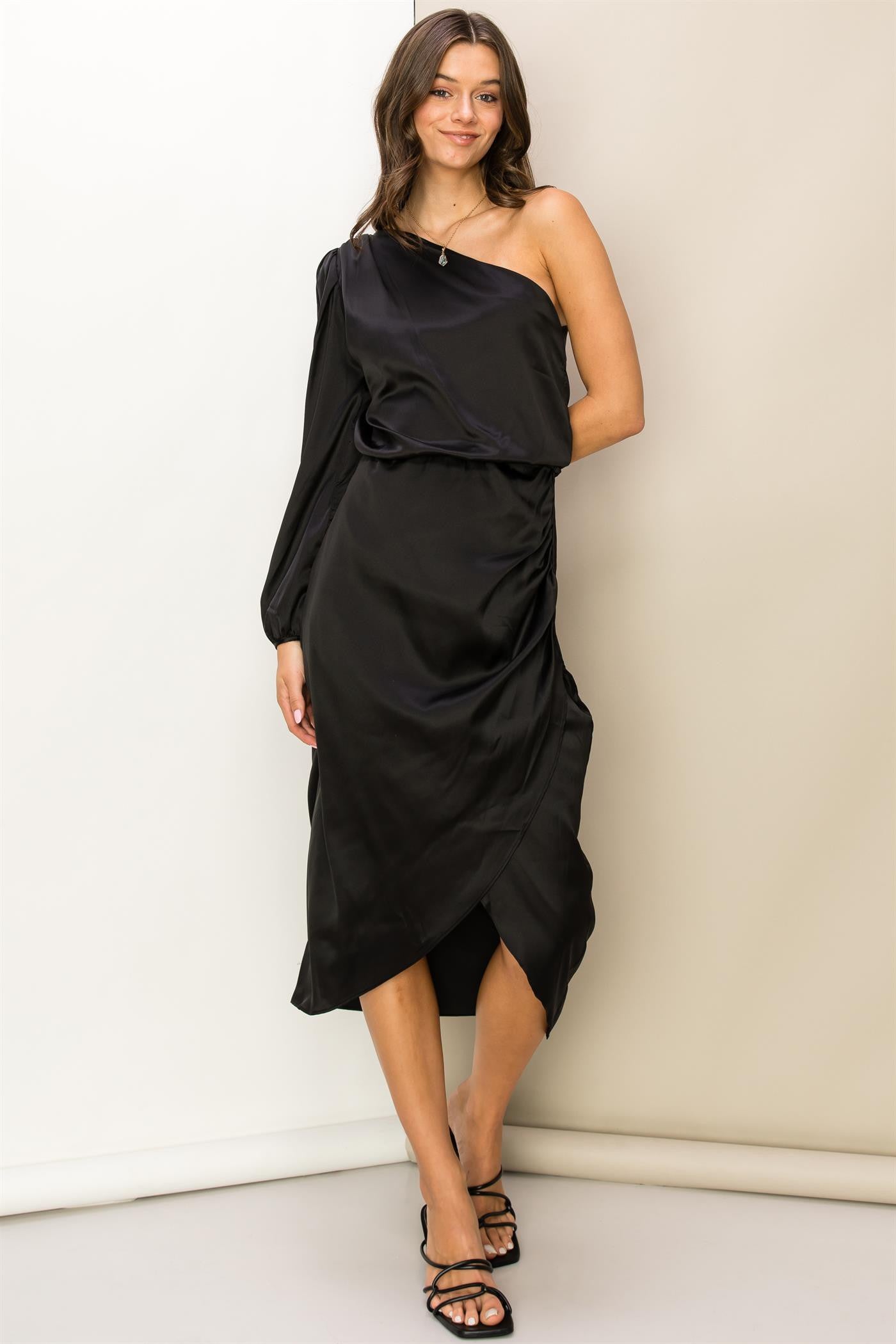 Satin One Shoulder Midi Dress