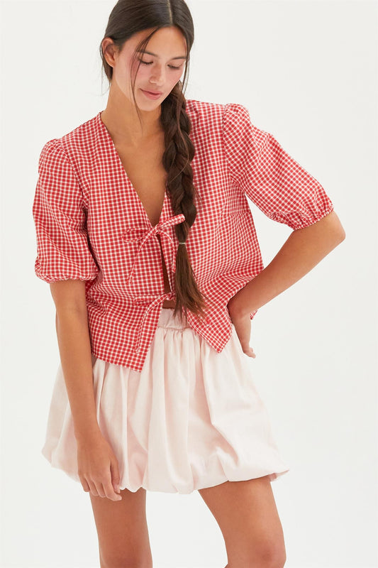 Gingham Tie Front Blouse