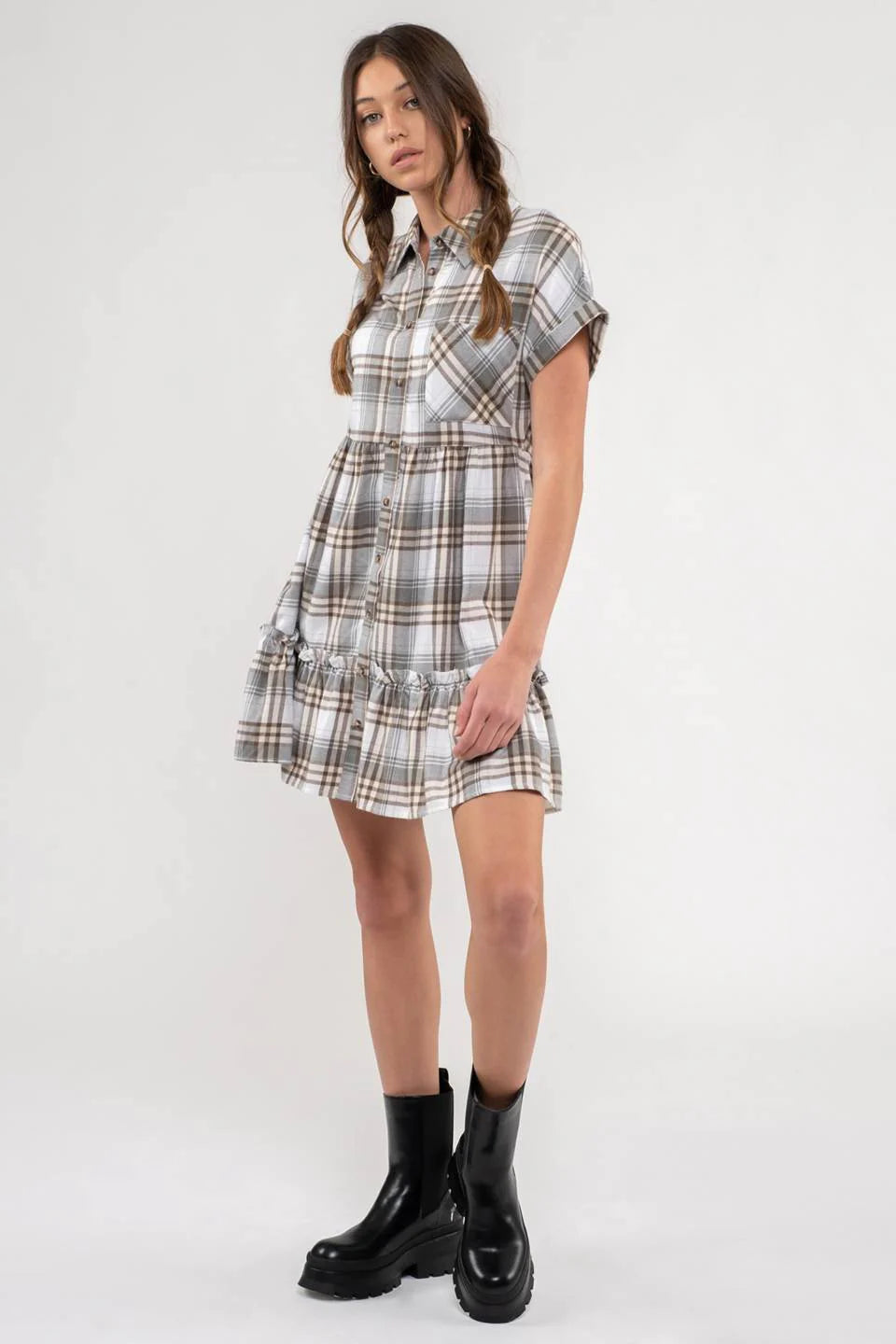 Ruffle Hem Plaid Dress