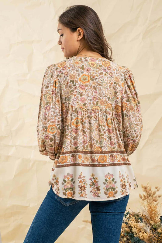 Border Print Woven Peasant Top