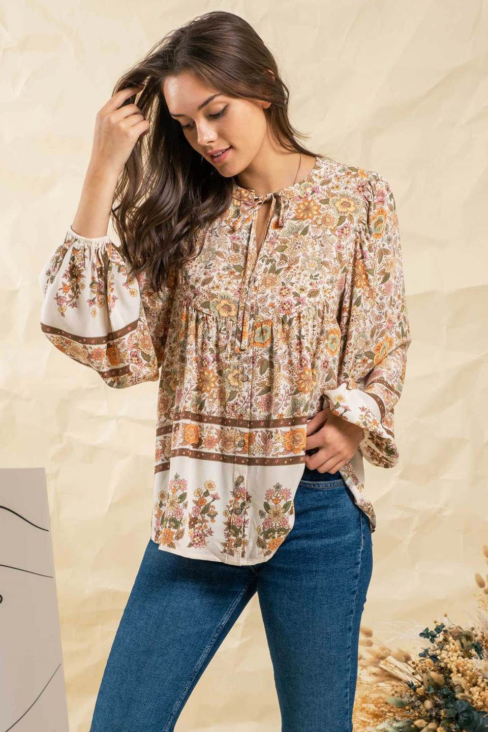 Border Print Woven Peasant Top