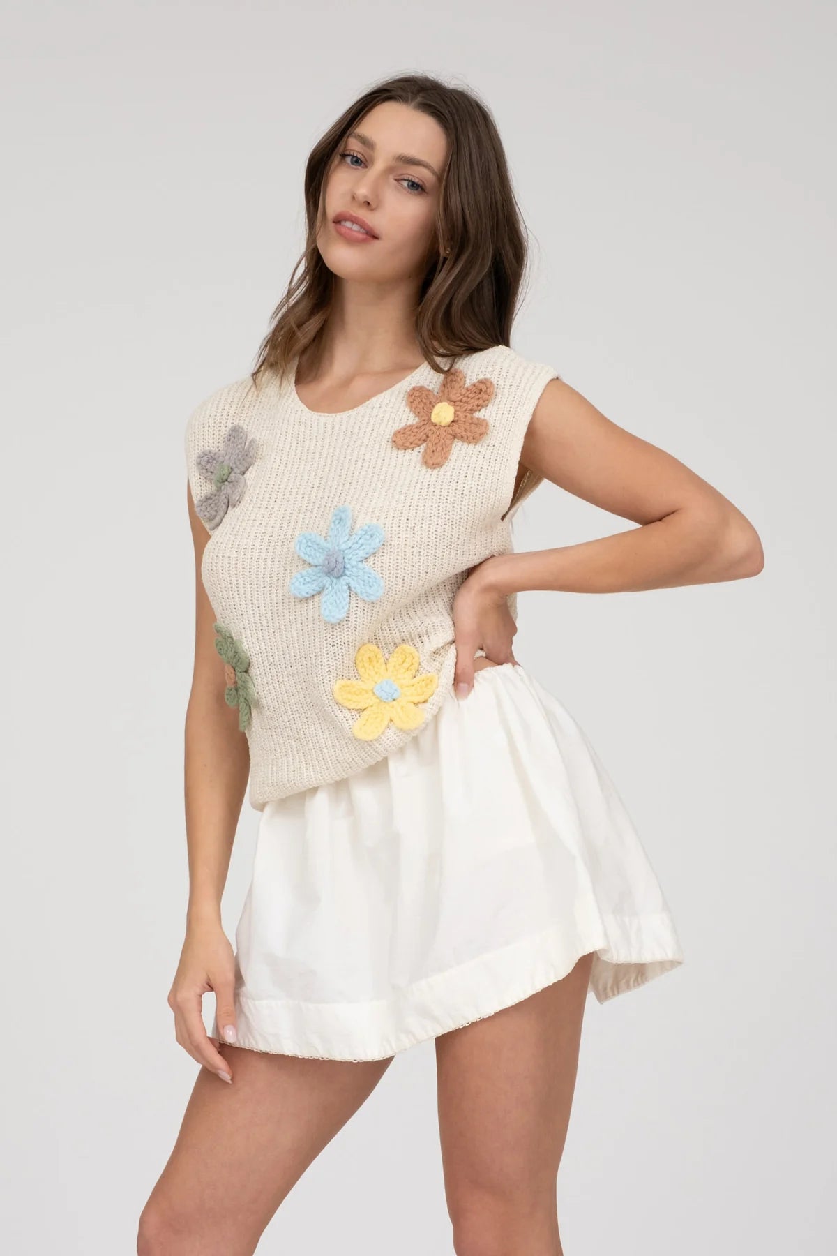 Floral Crochet Short Sleeve Sweater