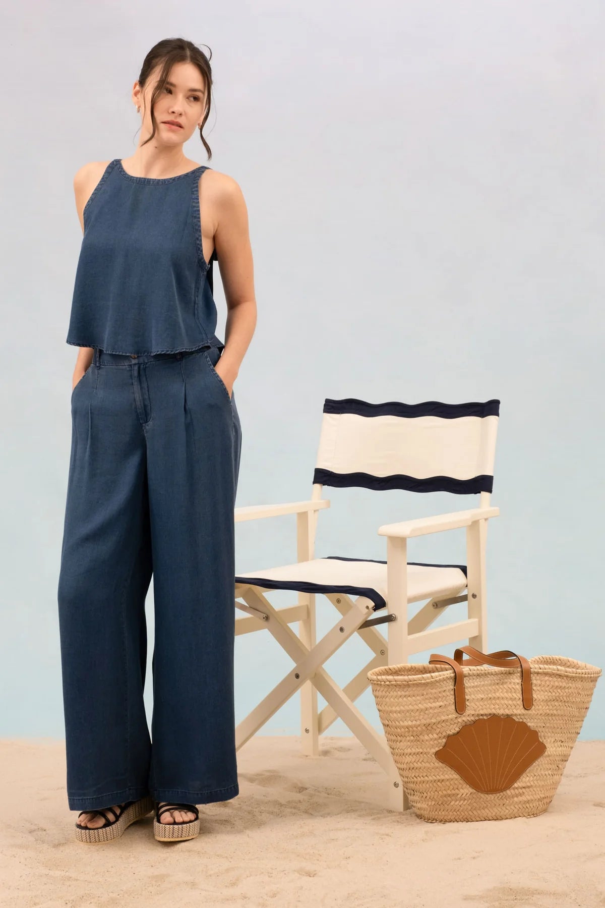 Round Neck Tie Strap Chambray Tank