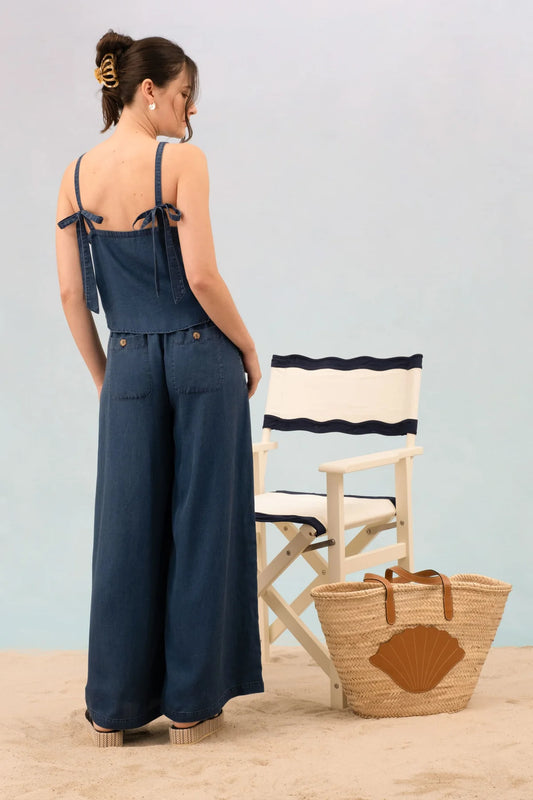 Round Neck Tie Strap Chambray Tank