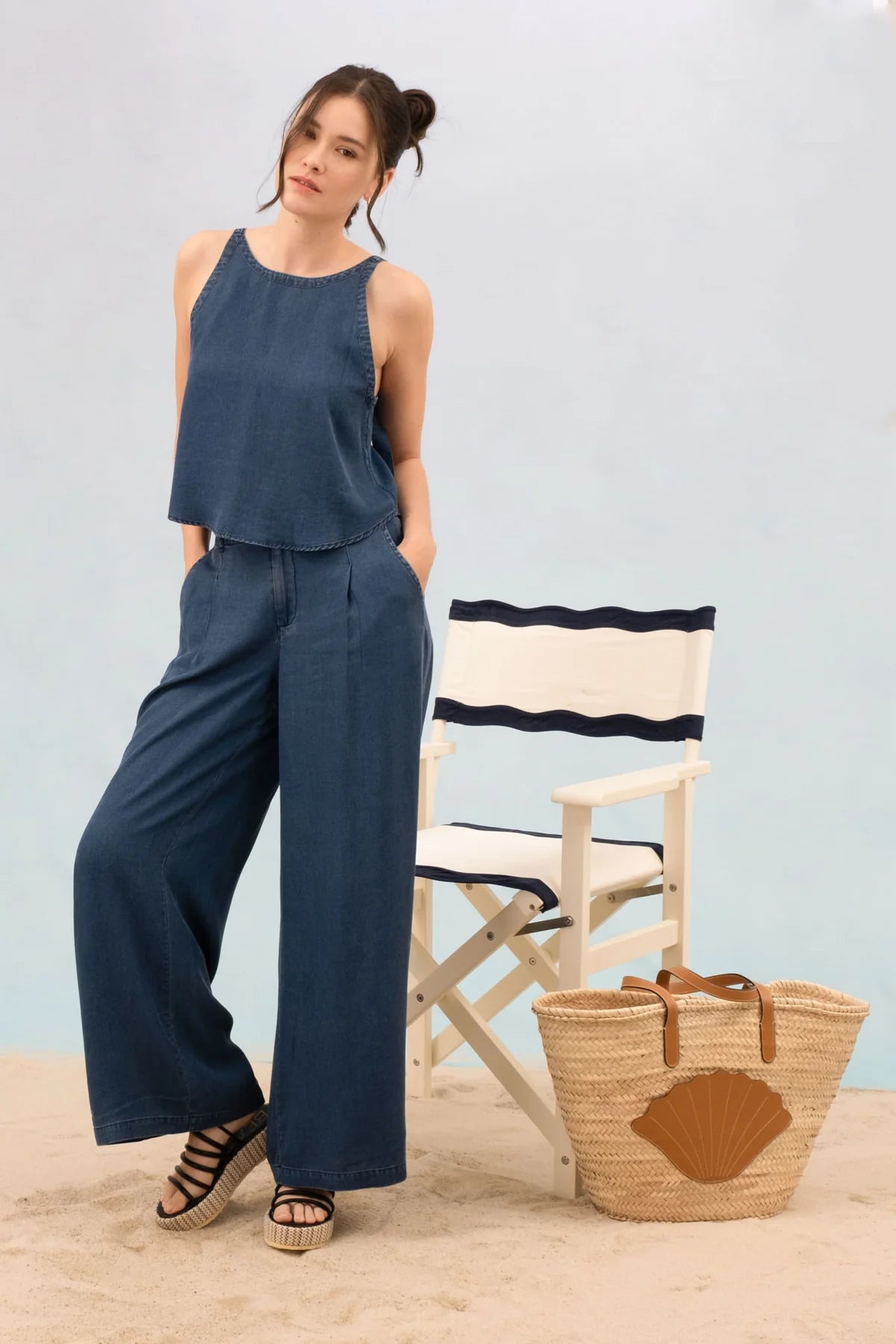 Round Neck Tie Strap Chambray Tank