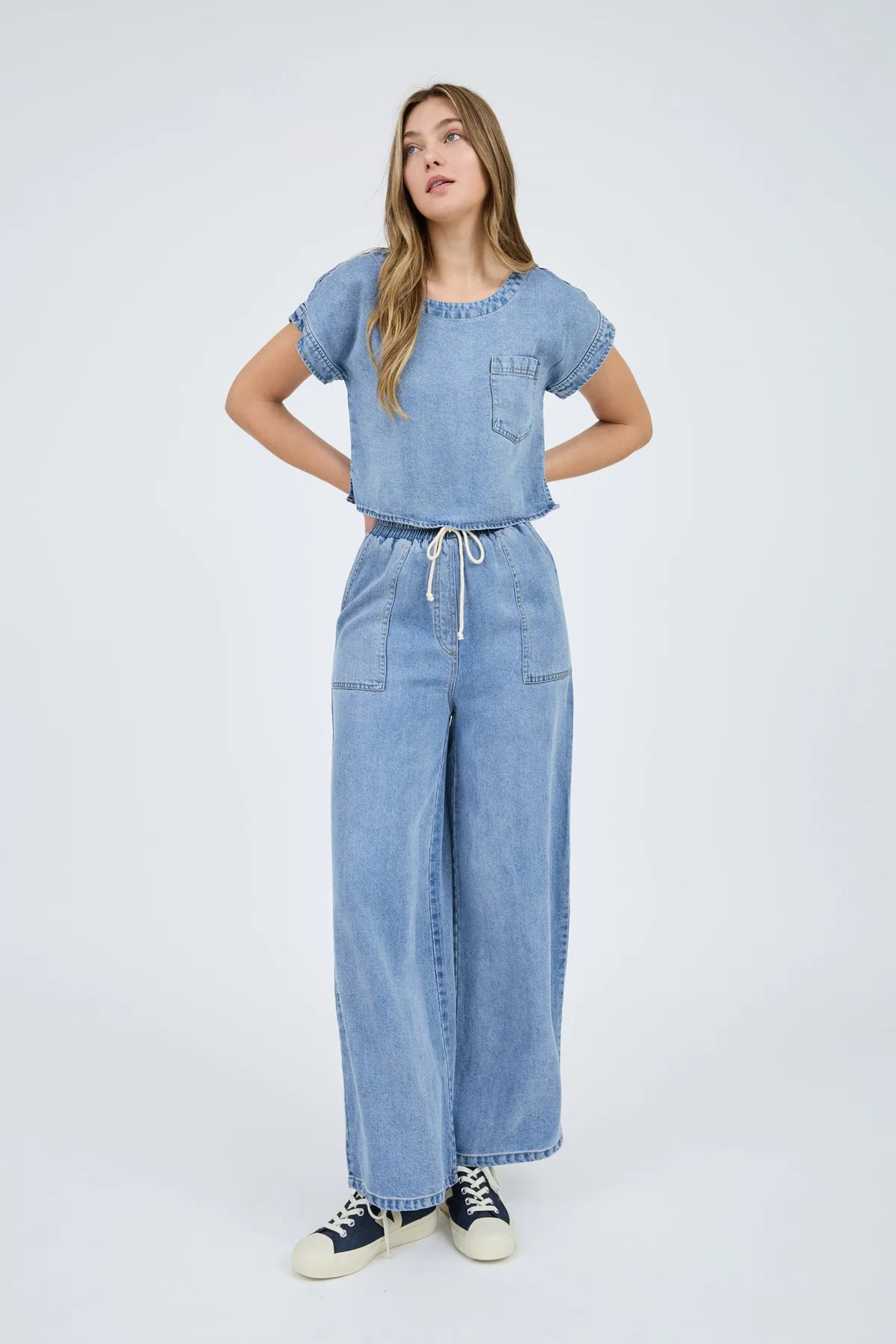 Elastic Waist Chambray Wide Leg Pant