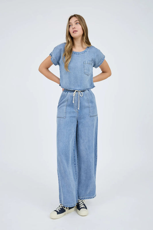 Elastic Waist Chambray Wide Leg Pant