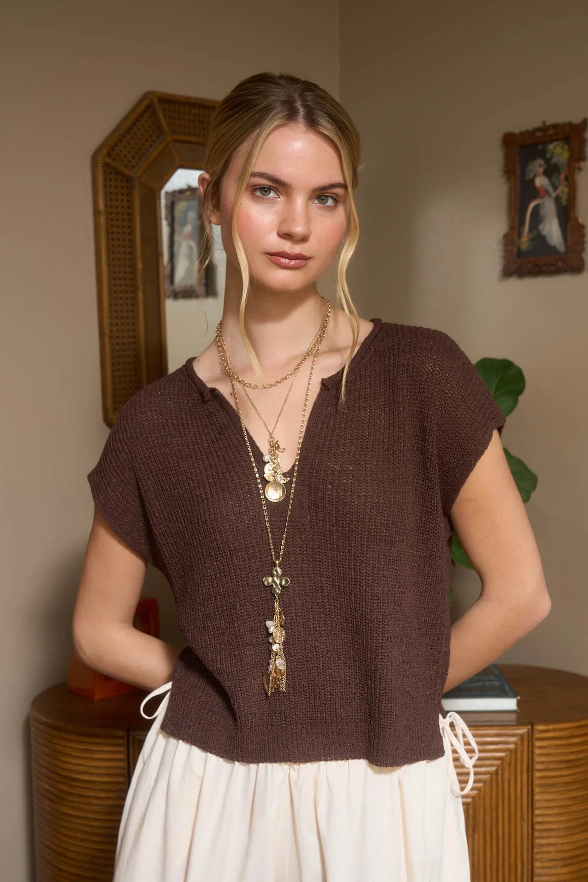 Split Neck Batwing Knit Sweater