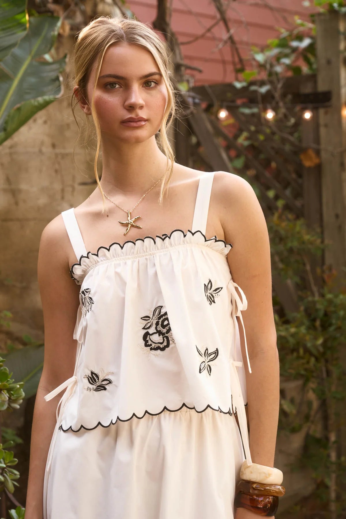Embroidery Detail Scalloped Side Tie Top