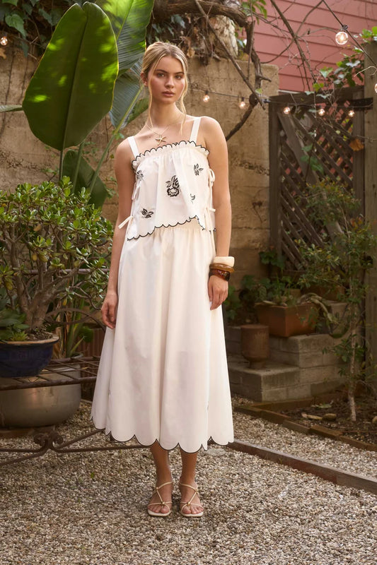 Embroidery Detail Scalloped Side Tie Top