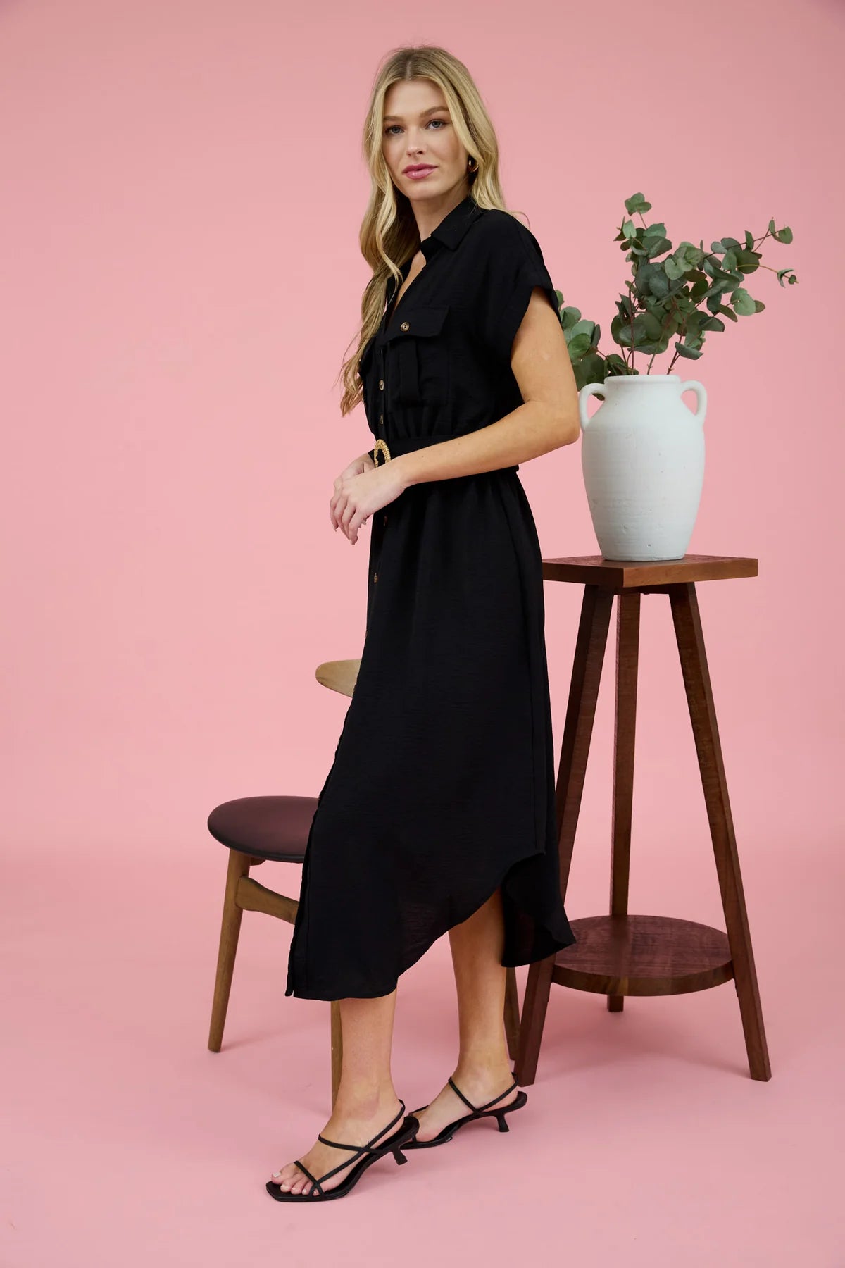 Collard Button Bown Dress with Belt