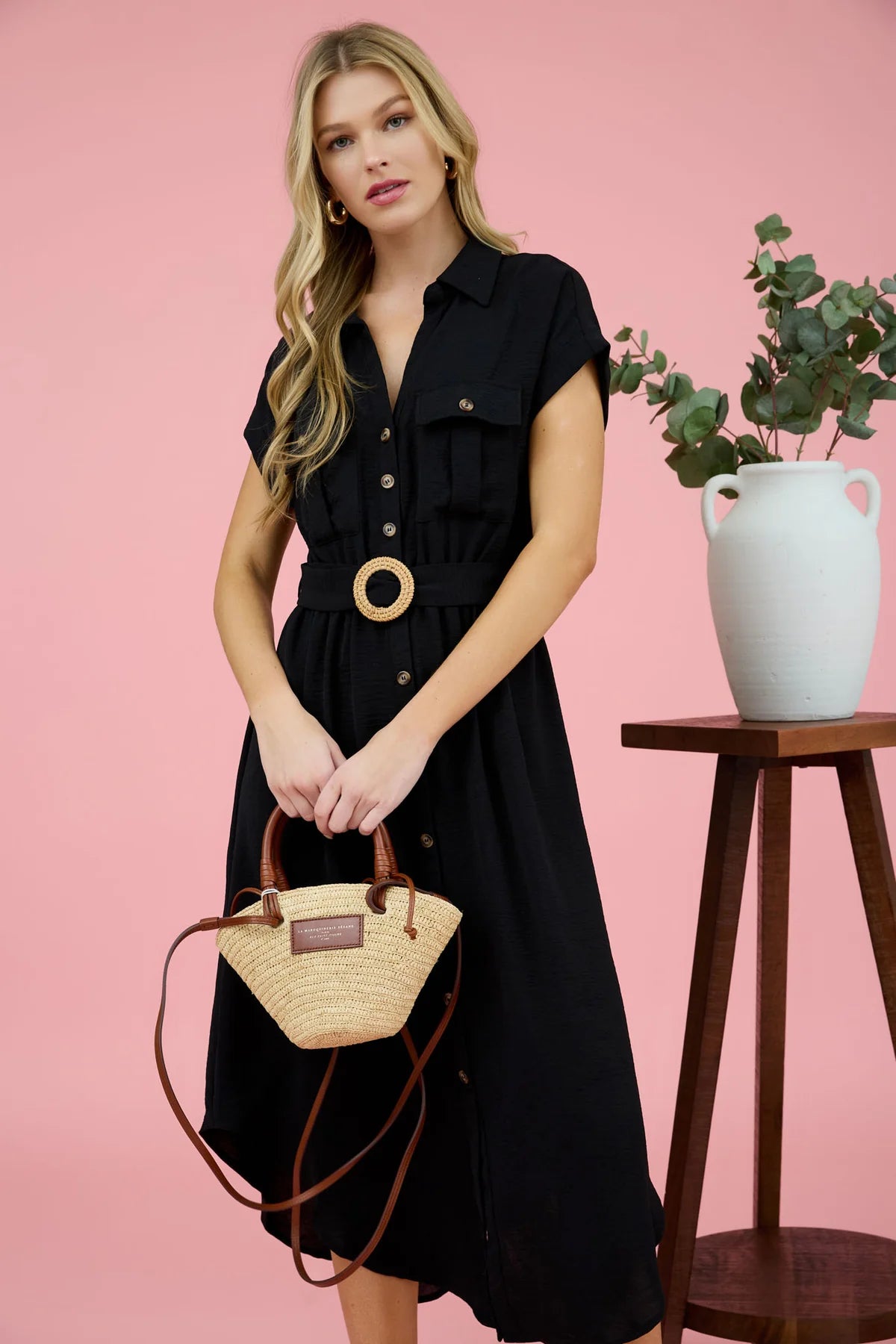 Collard Button Bown Dress with Belt