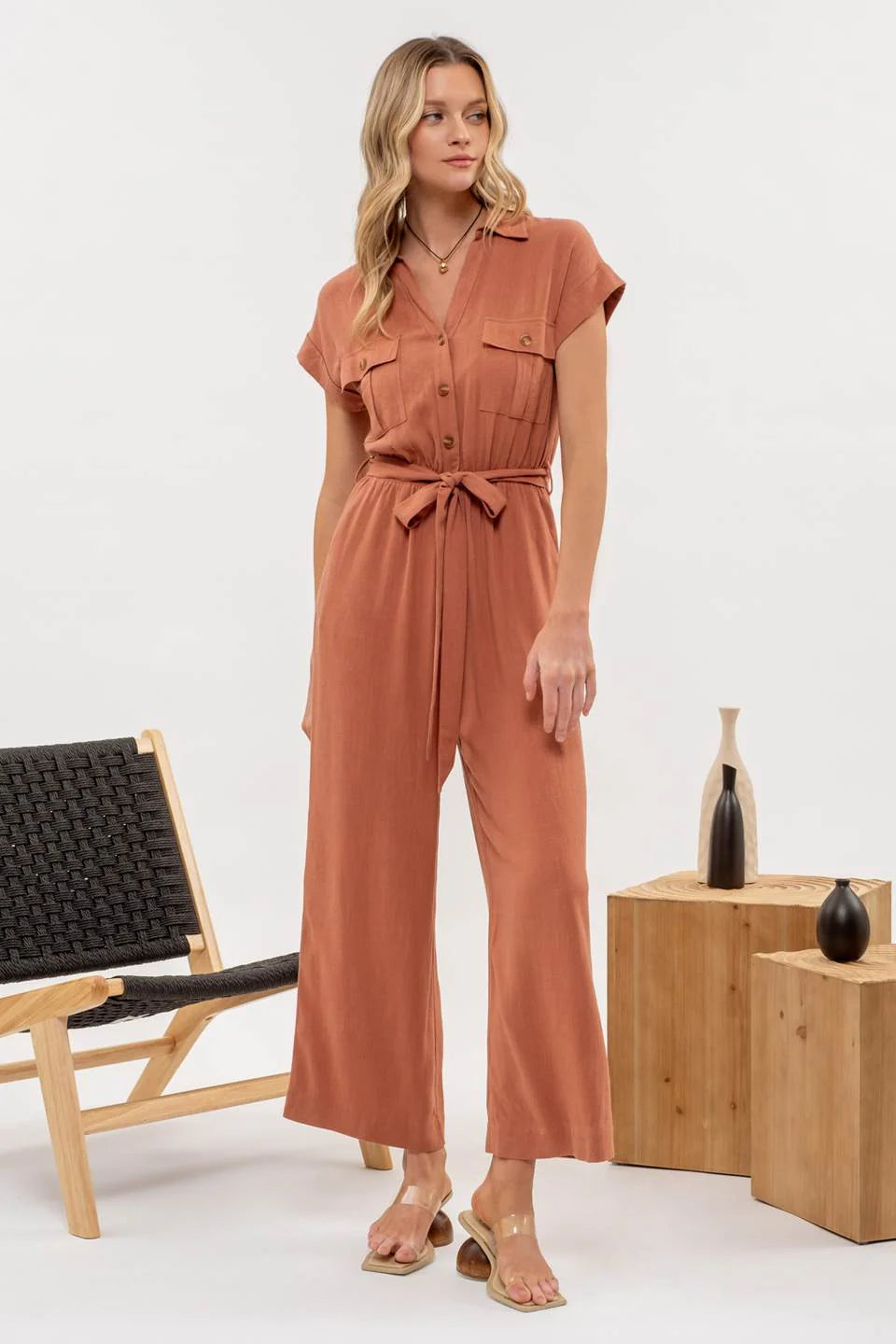 Button Down Belted Wide Leg Jumpsuit