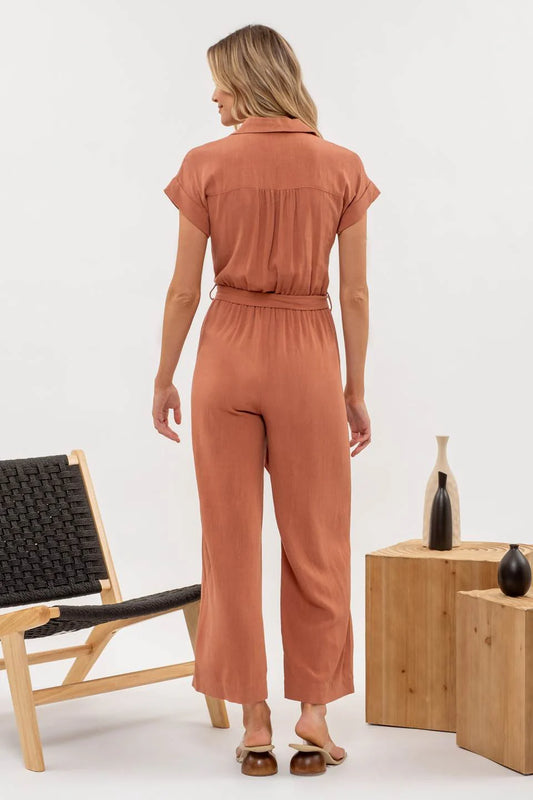Button Down Belted Wide Leg Jumpsuit