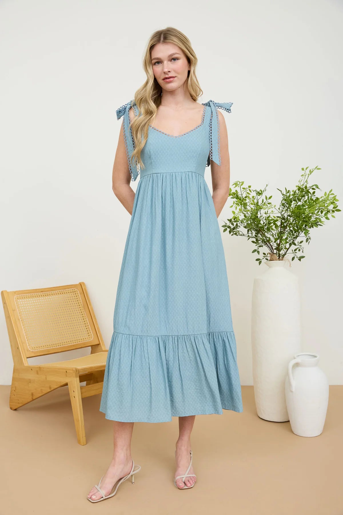 Scallop Eyelet Trim Tie Strap Midi Dress