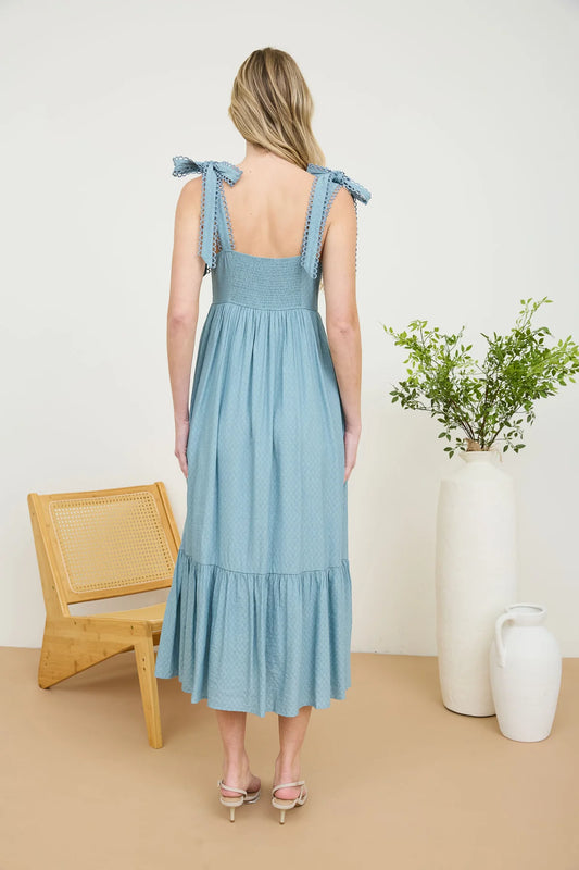 Scallop Eyelet Trim Tie Strap Midi Dress