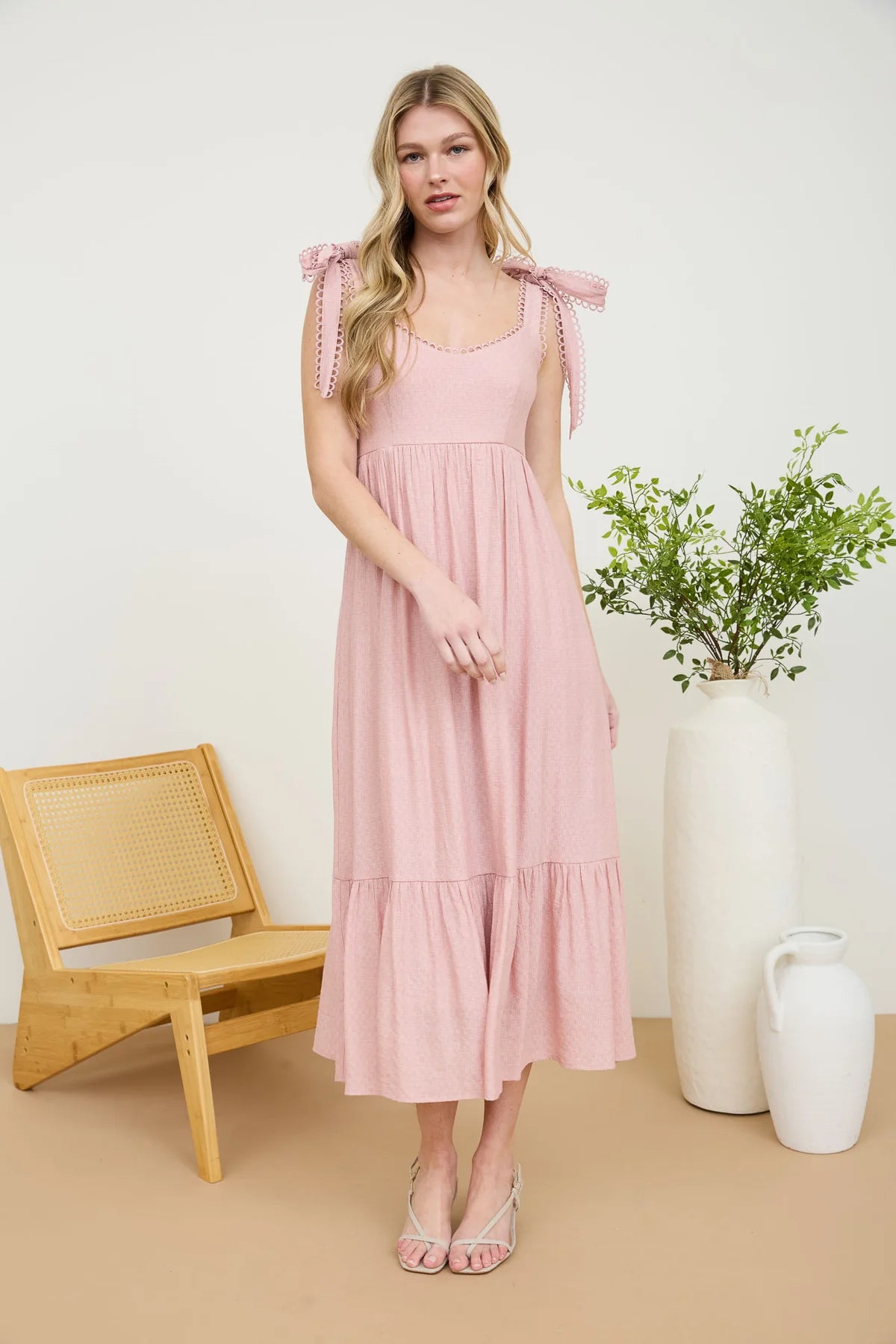 Scallop Eyelet Trim Tie Strap Midi Dress