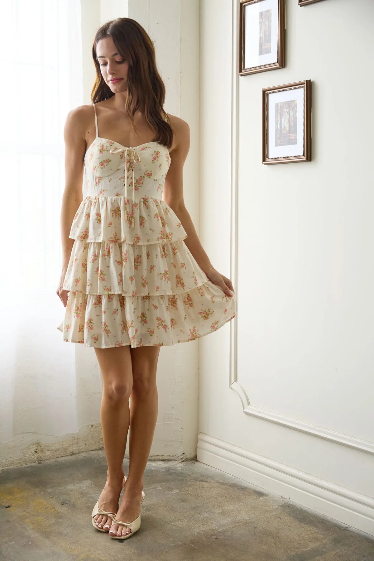 Ditsy Floral Lace Up Front Tiered Dress