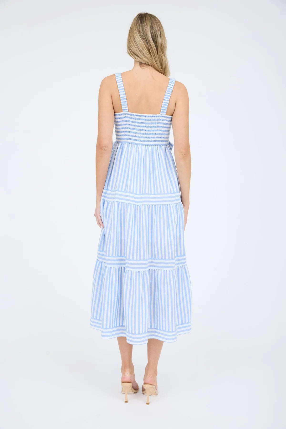Stripe Tiered Midi Dress with Bow Detail