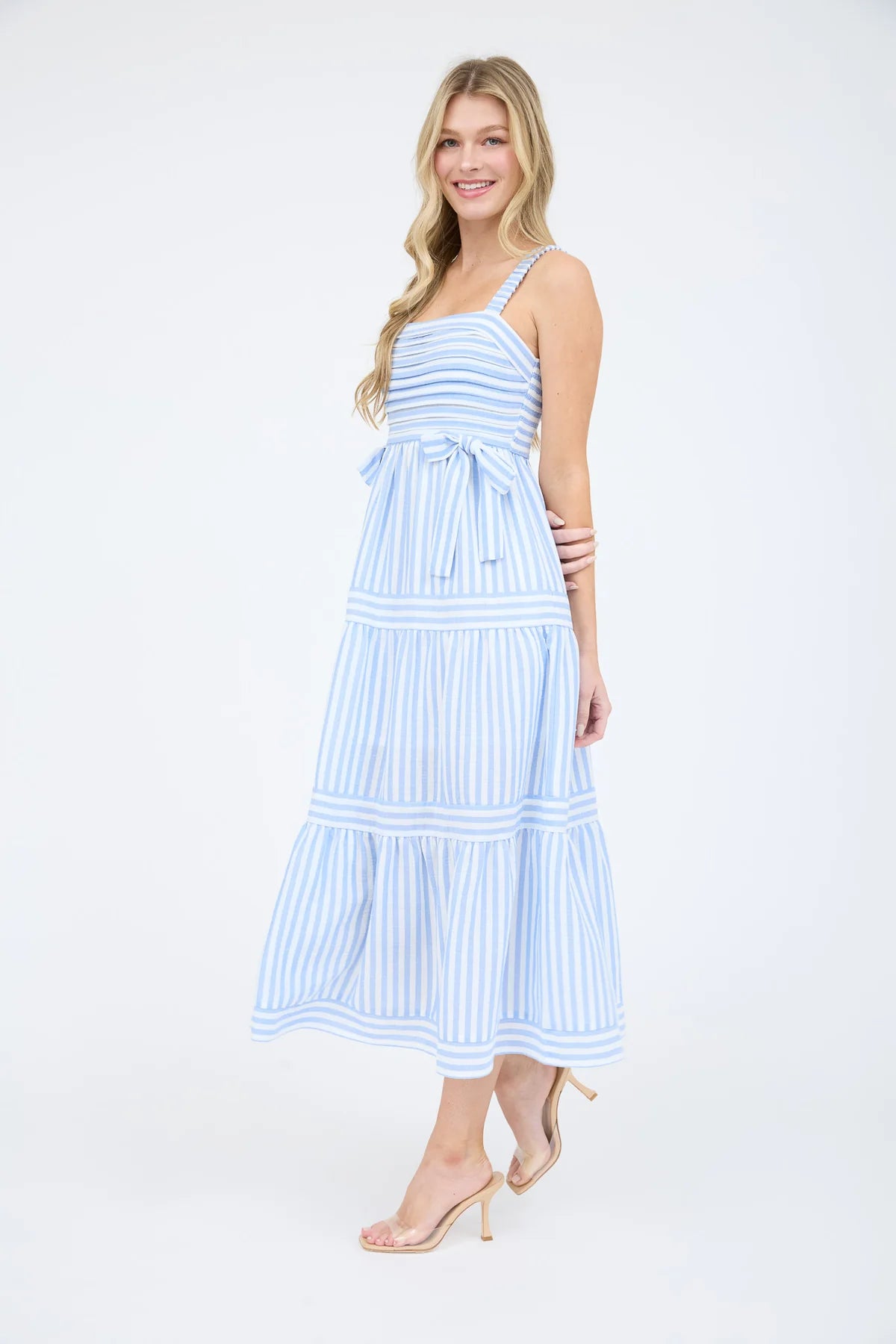 Stripe Tiered Midi Dress with Bow Detail