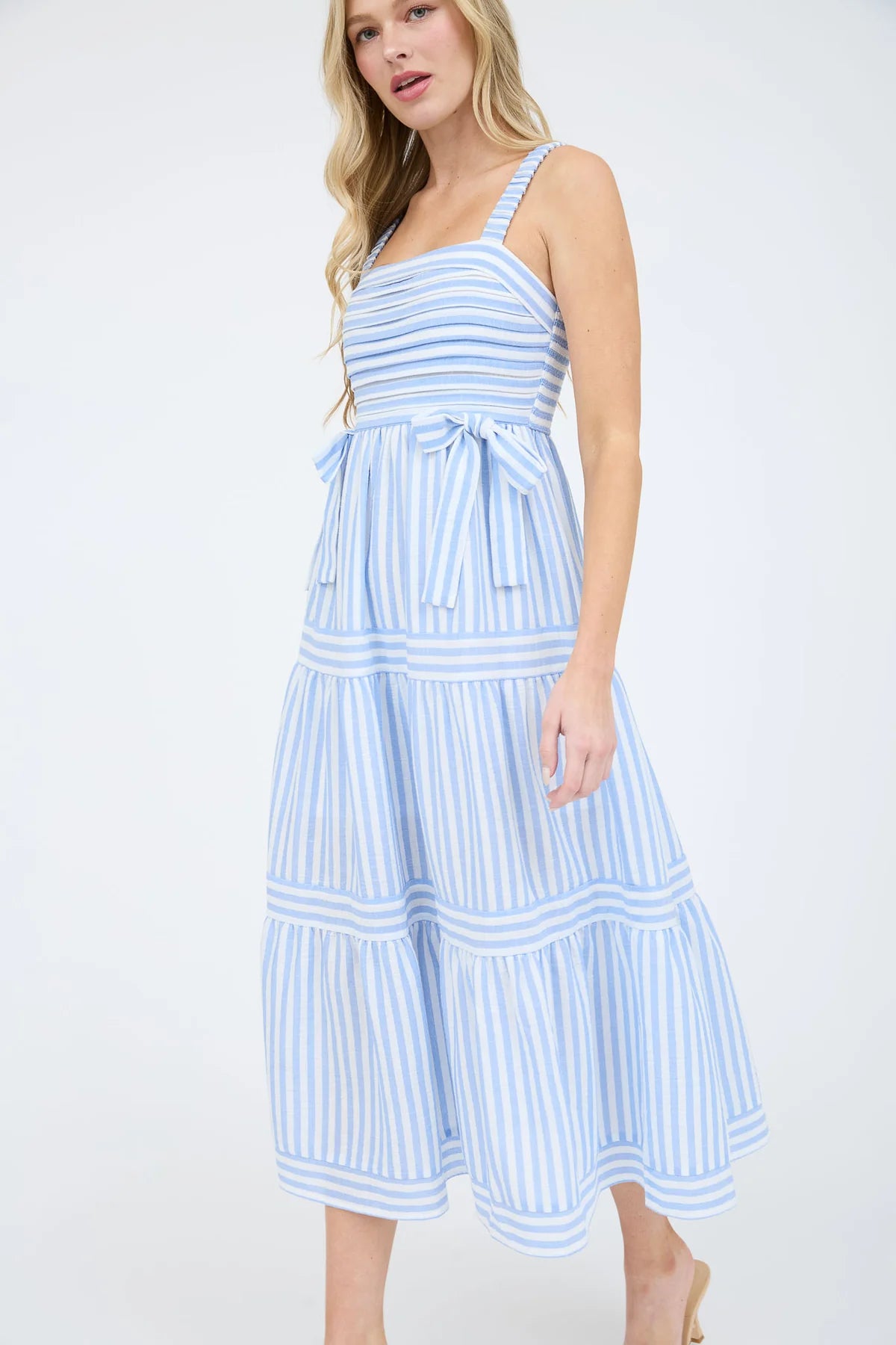 Stripe Tiered Midi Dress with Bow Detail